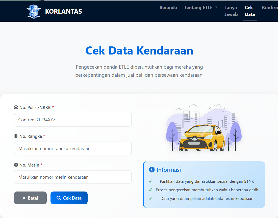 Tampilan Website Korlantas POLRI untuk Cek Denda ETLE atau Tilang Elektronik