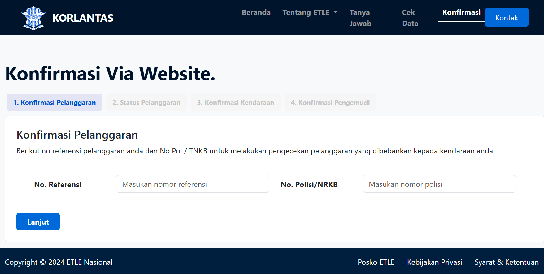 Tampilan Website Korlantas POLRI untuk Konfirmasi Pelanggaran ETLE atau Tilang Elektronik