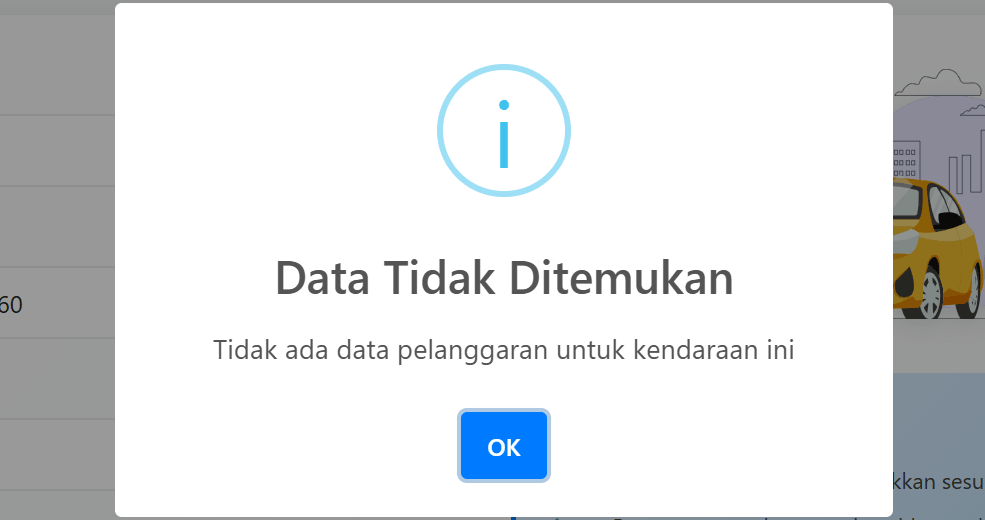 Sistem notifikasi yang menunjukkan tidak ada data tilang elektronik pada kendaraan